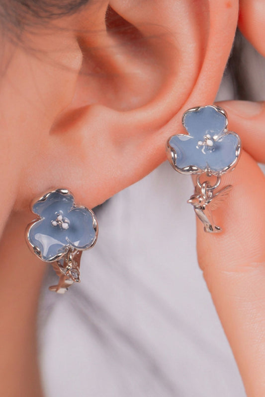 Blue Floral Bird Studs in Silver