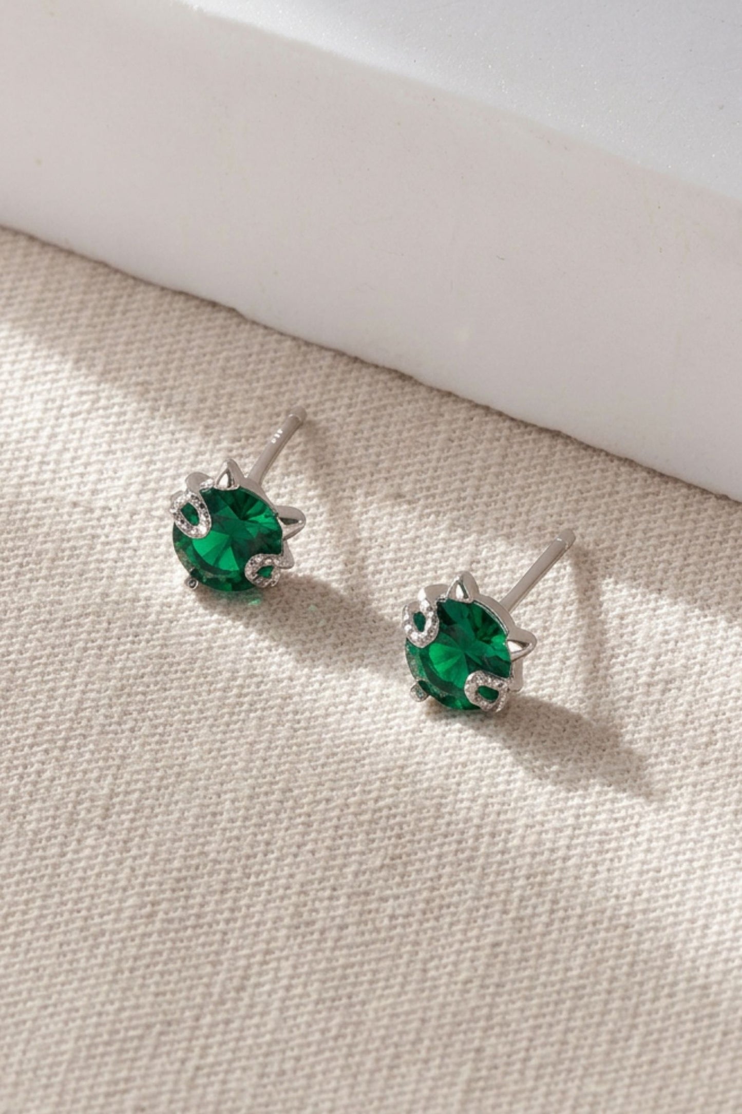 Sterling Silver CZ Cat Studs in Silver/Green
