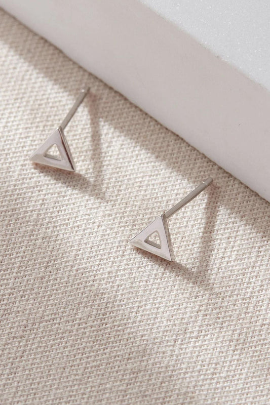close up of the sterling silver triangle studs