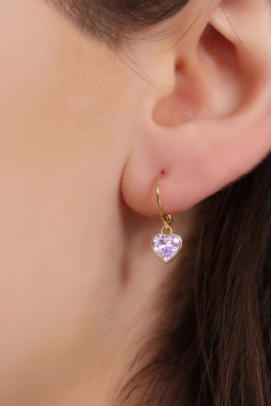 Sterling Silver CZ Heart Hoops in Gold/Lilac