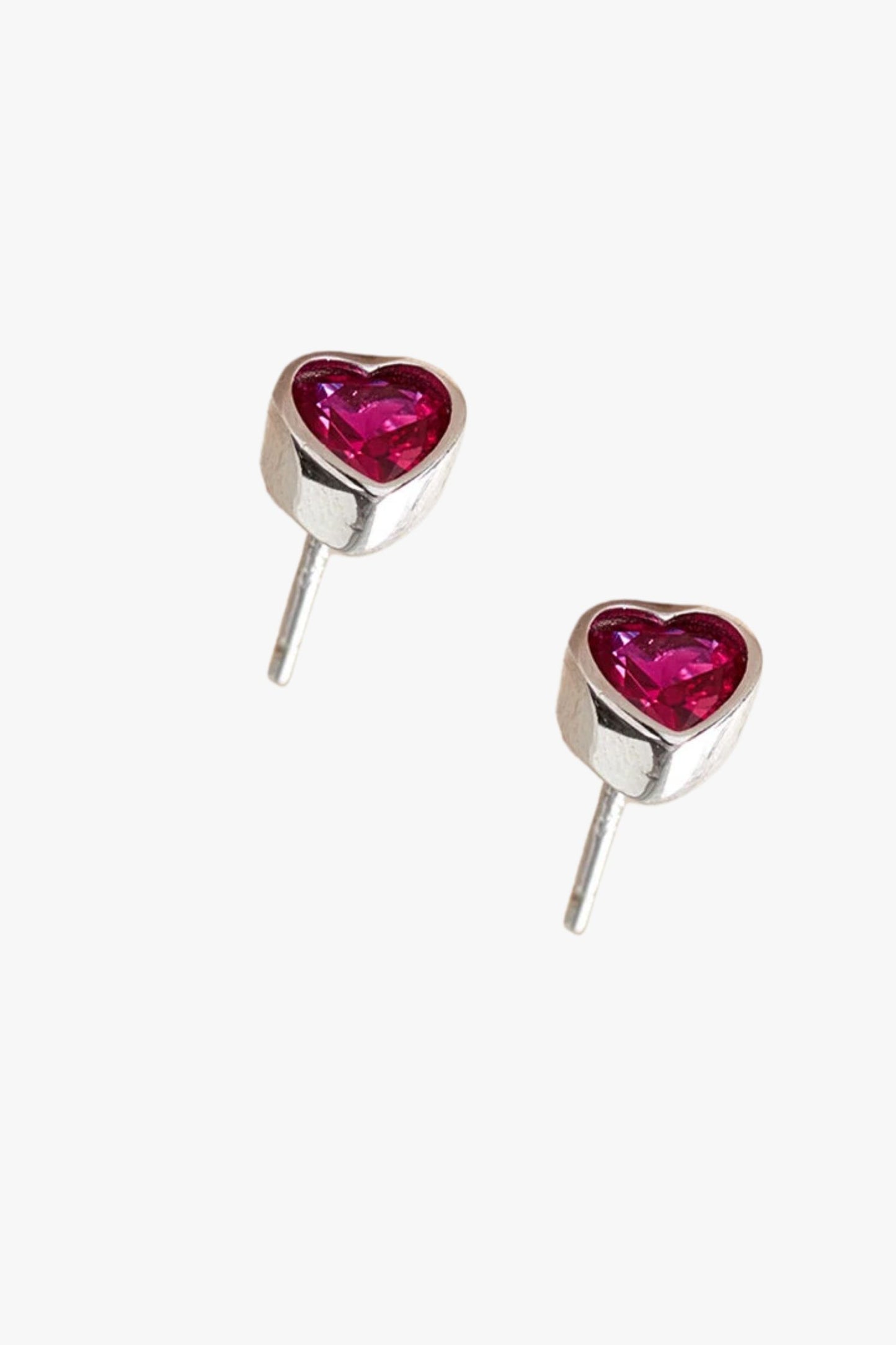 Sterling Silver CZ Heart Studs in Silver/Fuchsia