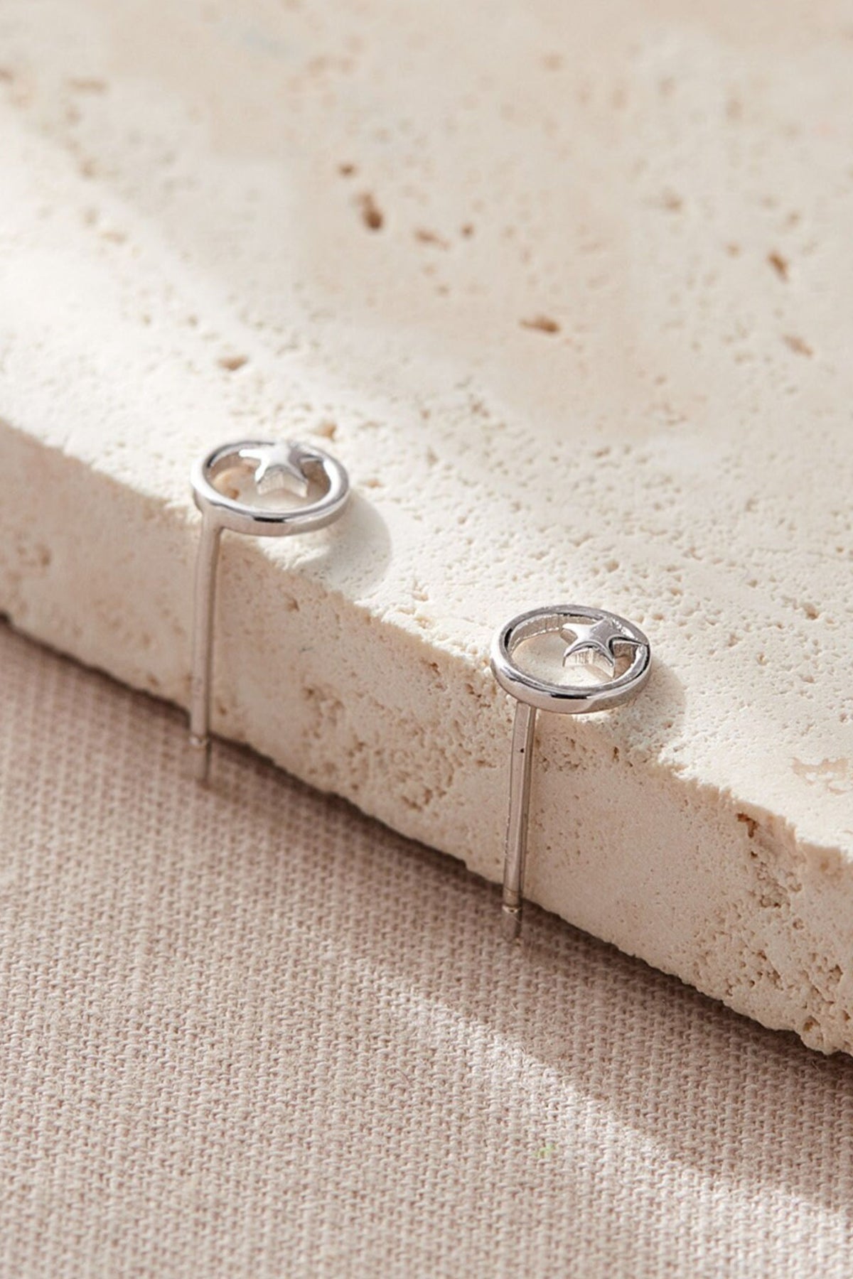 Sterling Silver Round Star Studs in Silver