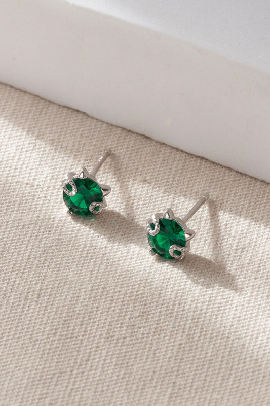 Sterling Silver CZ Cat Studs in Silver/Green