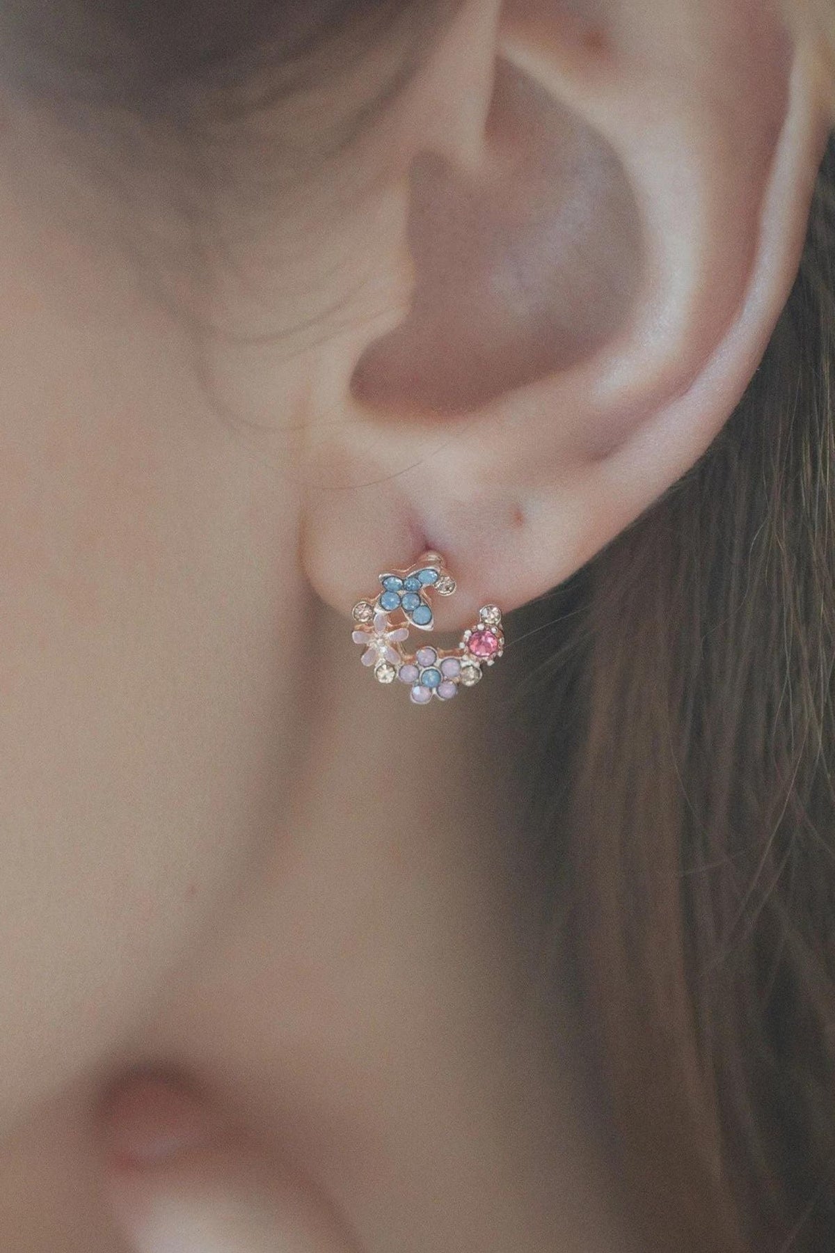 Pink Floral Horseshoe Studs