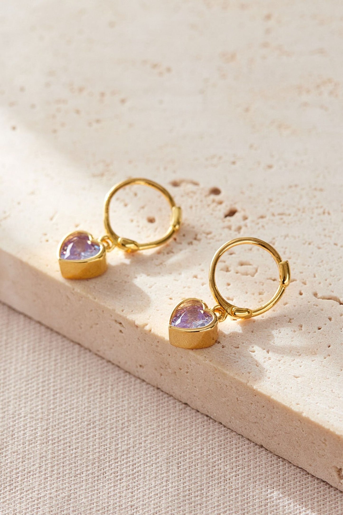 Sterling Silver CZ Heart Hoops in Gold/Lilac
