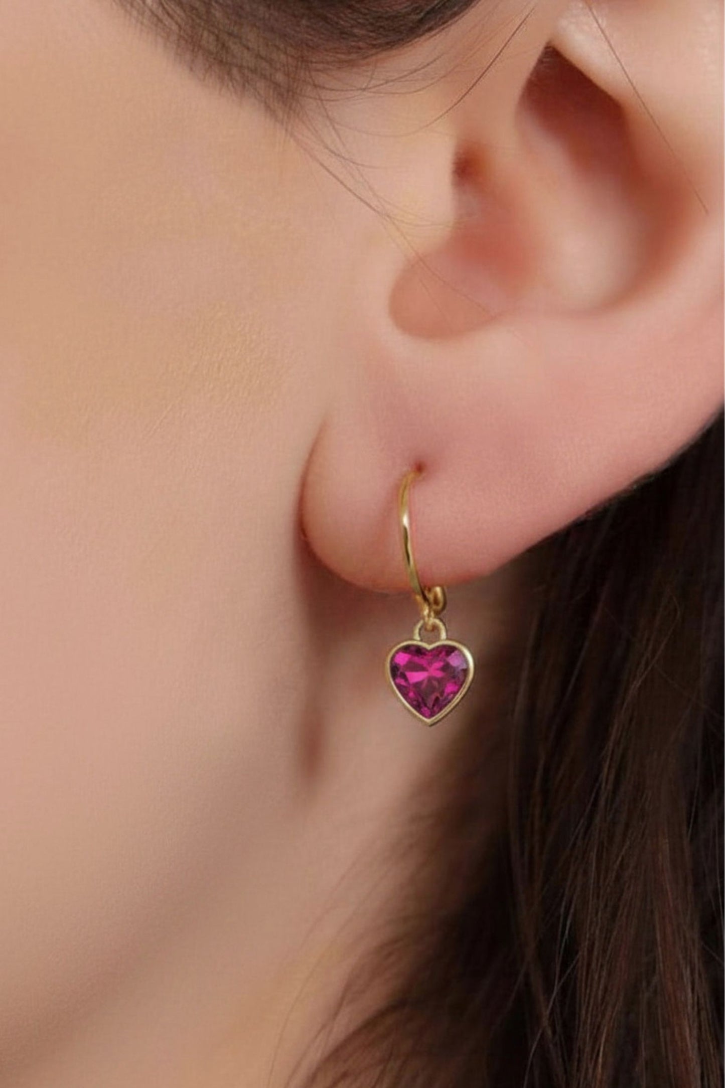 sterling-silver-cz-heart-hoops-in-gold-fuchsia-model