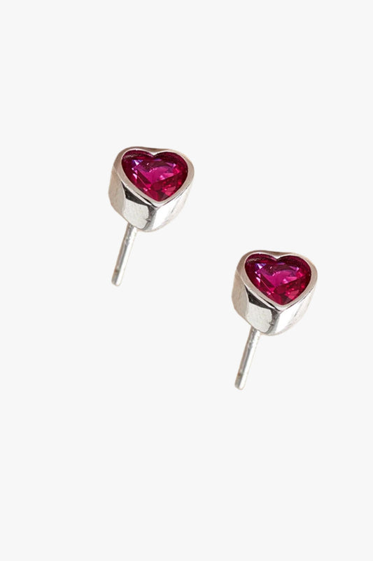 Sterling Silver CZ Heart Studs in Silver/Fuchsia