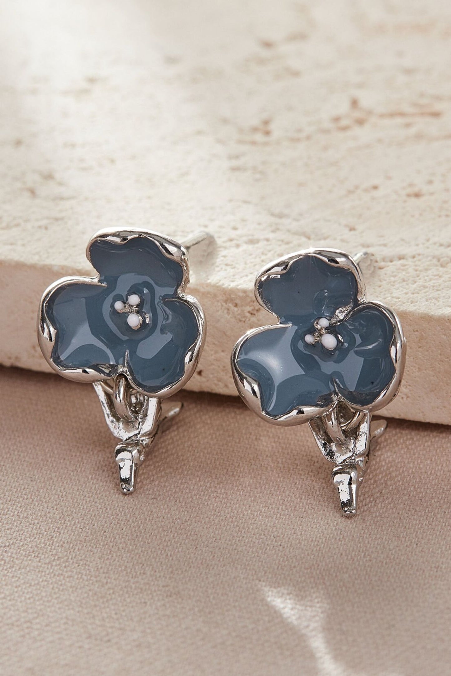 Blue Floral Bird Studs in Silver