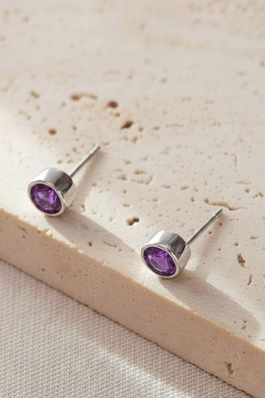 Sterling Silver CZ Round Studs in Silver/Purple